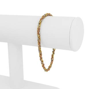 18k Yellow White and Rose Gold 6.8g Ball Bead Twisted Fancy Link Bracelet 7.5": Details Condition: Excellent Condition, Professionally Cleaned and Polished Metal: 18k Gold (Marked, and Professionally Tested) Weight: 6.8g Length: 7.5 Inches Width: 4mm Closure: Lobster Claw 