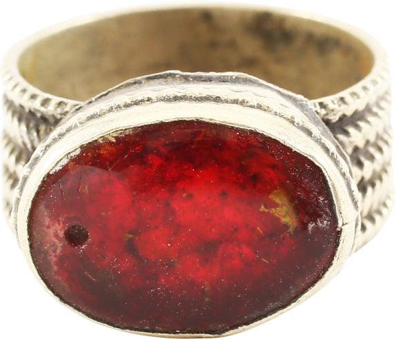 EASTERN EUROPEAN GYPSY RING, 19TH C., SIZE 7 3/4: 19th Century. Size 7 3/4 with 8.8mm width band relief decorated with band of diamond shapes to the middle and edges, flanking opposing angled or lightning form bands. Bezel with a crenulated medial an
