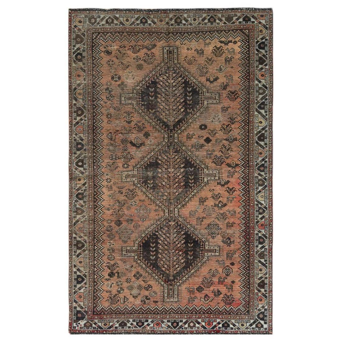 Mocha Brown, Hand Knotted Vintage Persian Shiraz, Worn Wool Rug (1 of 7)