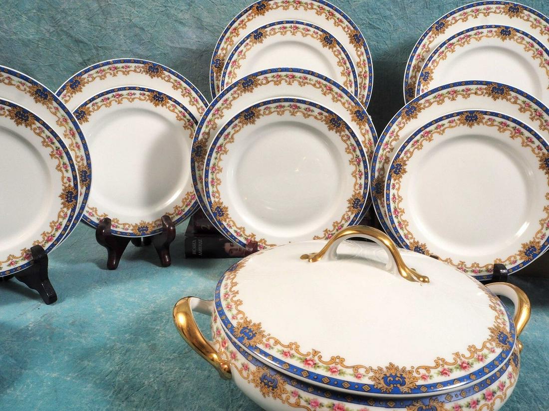 Limoges France Lille SET FOR 8 1900's Rose pink red roses Royal blue Vignaud (1 of 11)