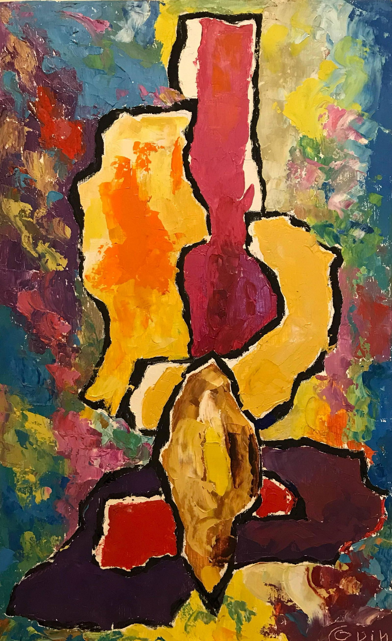 Warm Soft Colors French Expressionist Abstract Oil Painting: Superb French expressionist abstract oil painting by the popular 20th century French painter, Andre Copin (1911-1998). The painting is signed to the lower corner and dates to the 1980's period. The wo