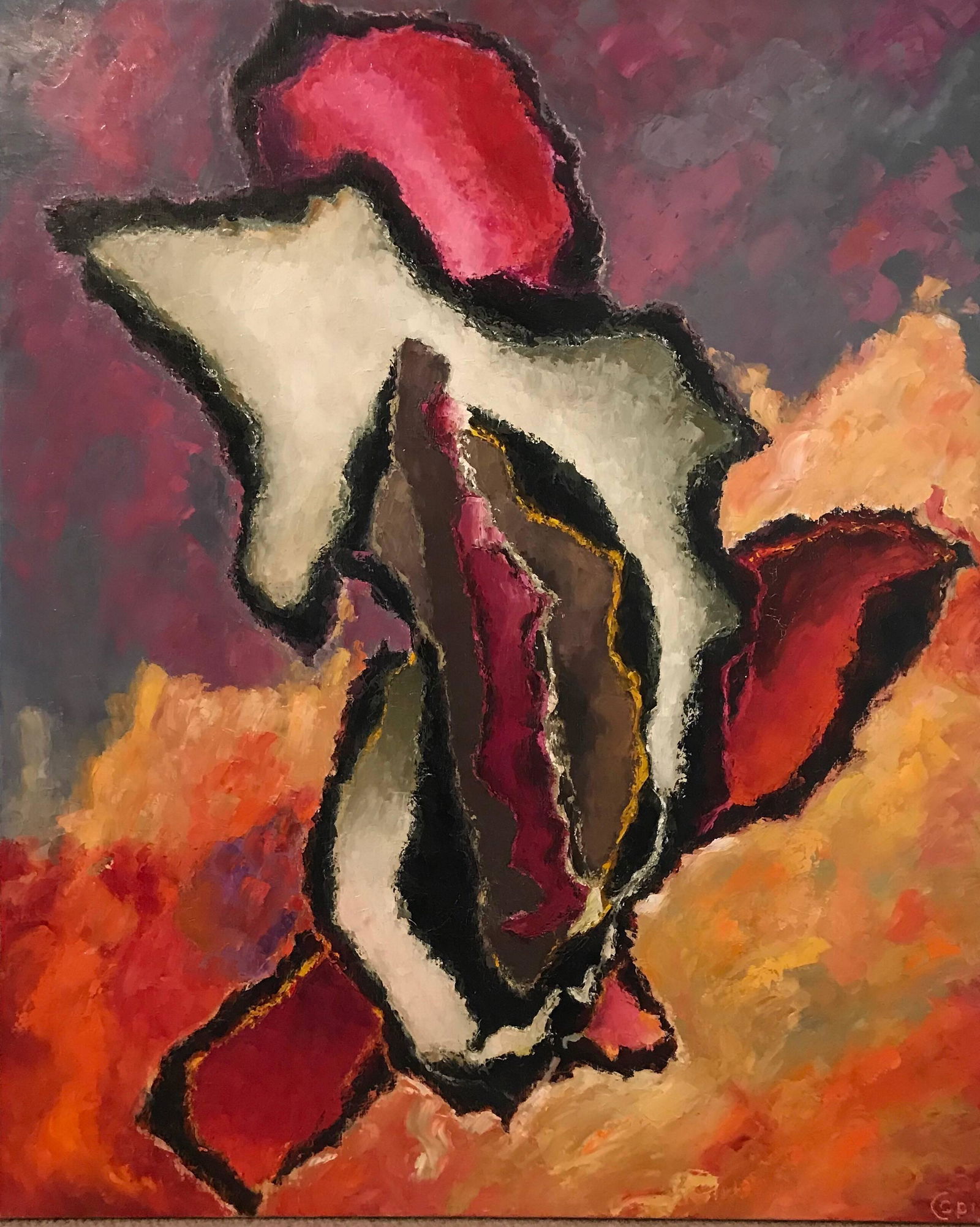 Large French Abstract Oil Painting Autumnal Colors c. 1987: Superb large scale French abstract oil painting by the popular 20th century French painter, Andre Copin (1911-1998). The painting is signed to the lower corner and dates to circa 1987. The work displa