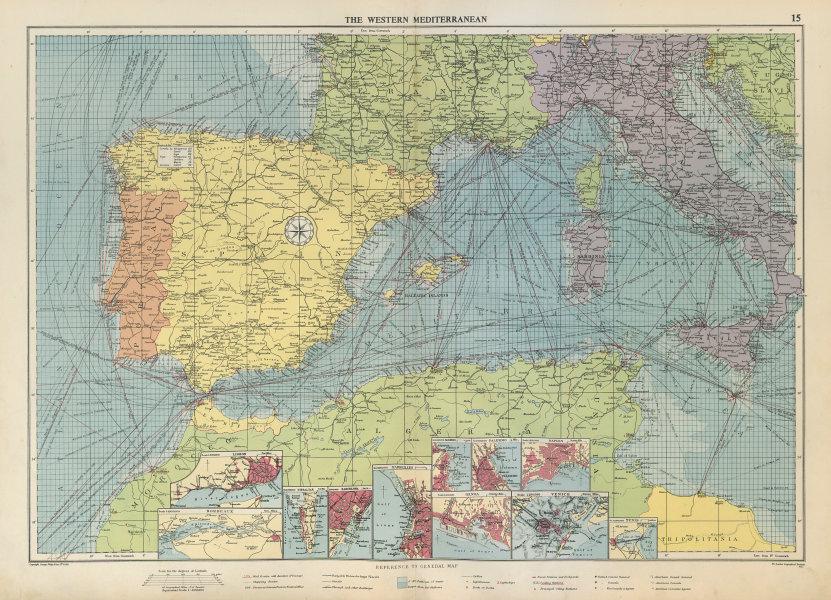 Western Mediterranean sea chart. Ports lighthouses mail routes. LARGE 1952 map (1 of 2)