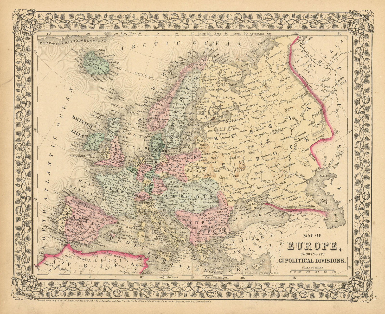 Early 19th century "Europe" by John Thomson 1817 old antique map plan chart: TITLE/CONTENT OF MAP: 'Map of Europe, showing its Gt. Political Divisions' DATE PRINTED: 1869 IMAGE SIZE: Approx 29.5 x 36.0cm, 11.5 x 14.25 inches (Large) TYPE: Decorative antique atlas map with orig