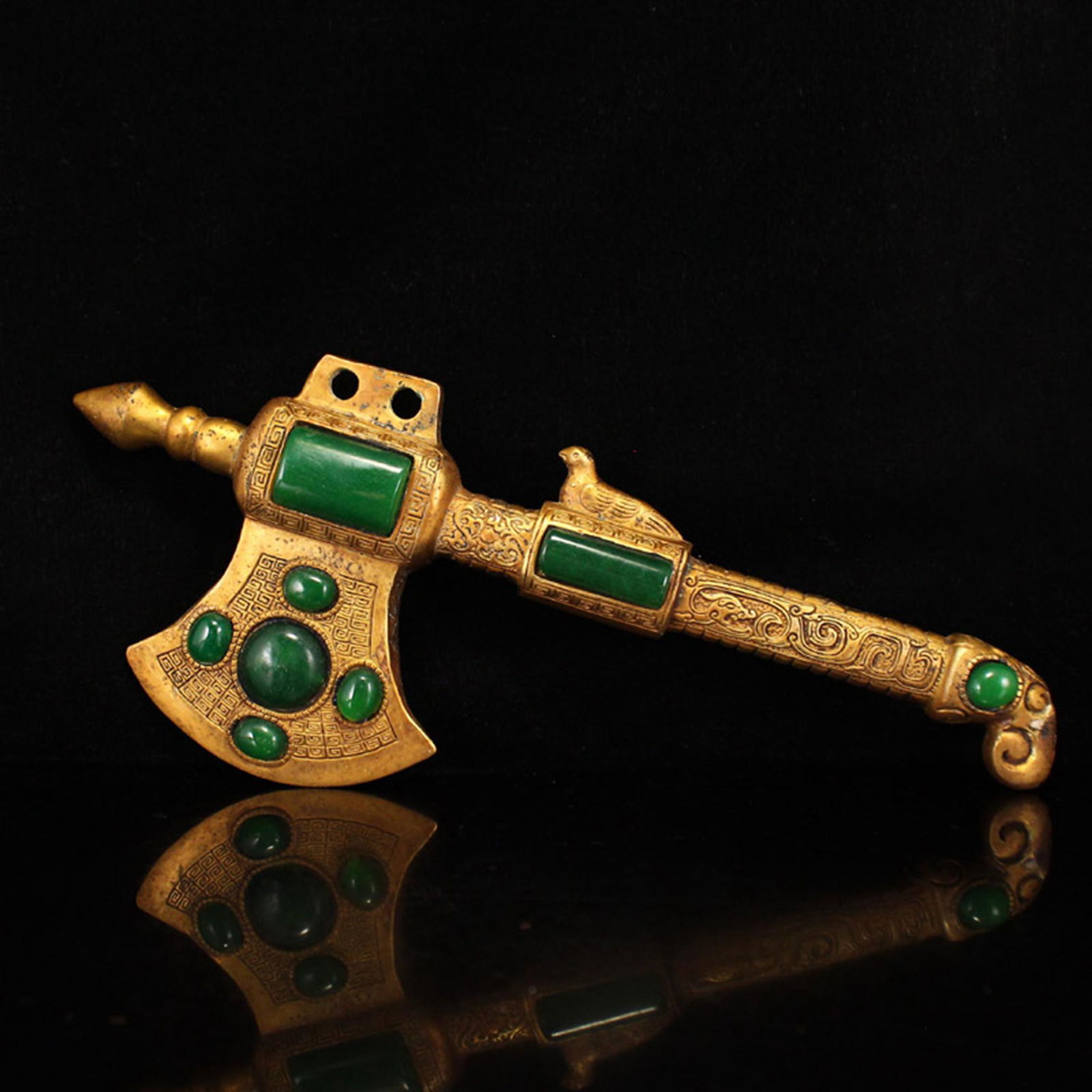 Vintage Chinese Gilt Gold Red Copper Inlay Green Jade Axe Statue (1 of 7)
