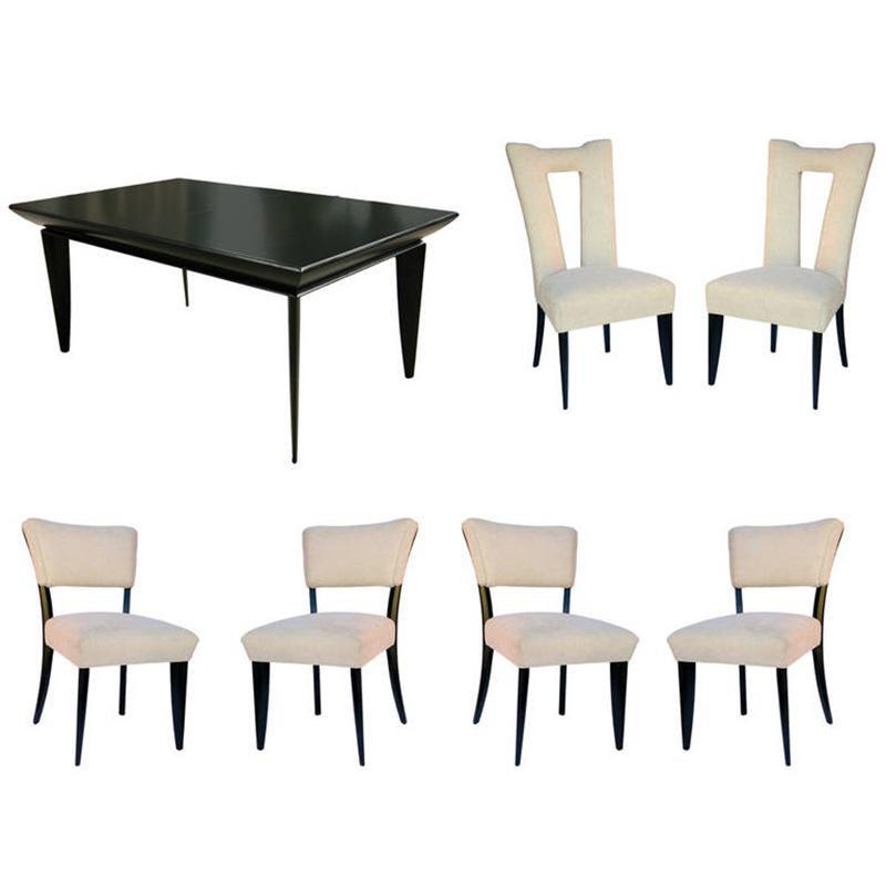 Paul Laszlo Black Lacquer Knife-Leg Dining Set for Brown Saltman: Details Creator Paul Laszlo (Designer) Dimensions Height: 29 in (73.66 cm)Width: 66 in (167.64 cm)Depth: 41 in (104.14 cm)Seat Height: 29 in (73.66 cm) Style Mid-Century Modern (Of the Period) Materia