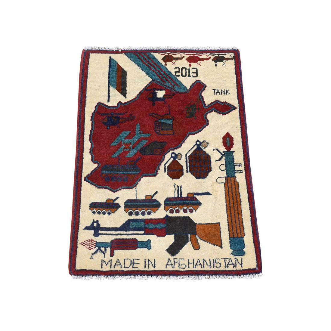Ivory Collectible Afghan War Design Tanks Guns Grenades Choppers Rug: Title: Ivory Collectible Afghan War Design Tanks Guns Grenades Choppers Rug Description: This is a truly genuine one-of-a-kind . It has been Knotted for months and months in the centuries-old weaving 