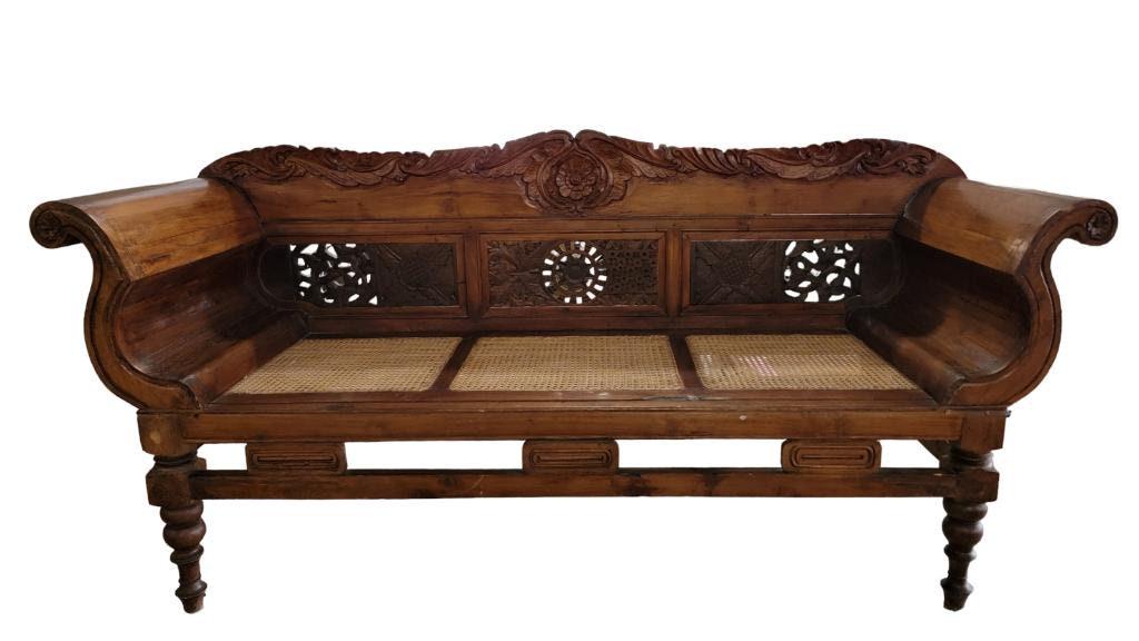 Antique West Indies British Colonial Style Hand Carved Solid Wood Caned Settee (1 of 7)