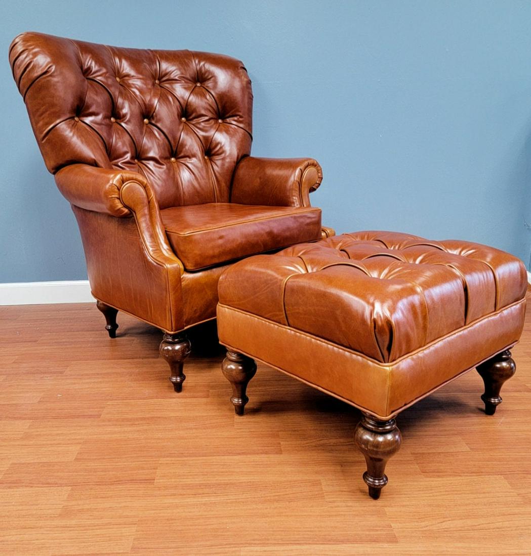 English Chesterfield Style Tufted Wingback Lounge Chair and Ottoman Newly Upholstered - Set of 2 (1 of 10)