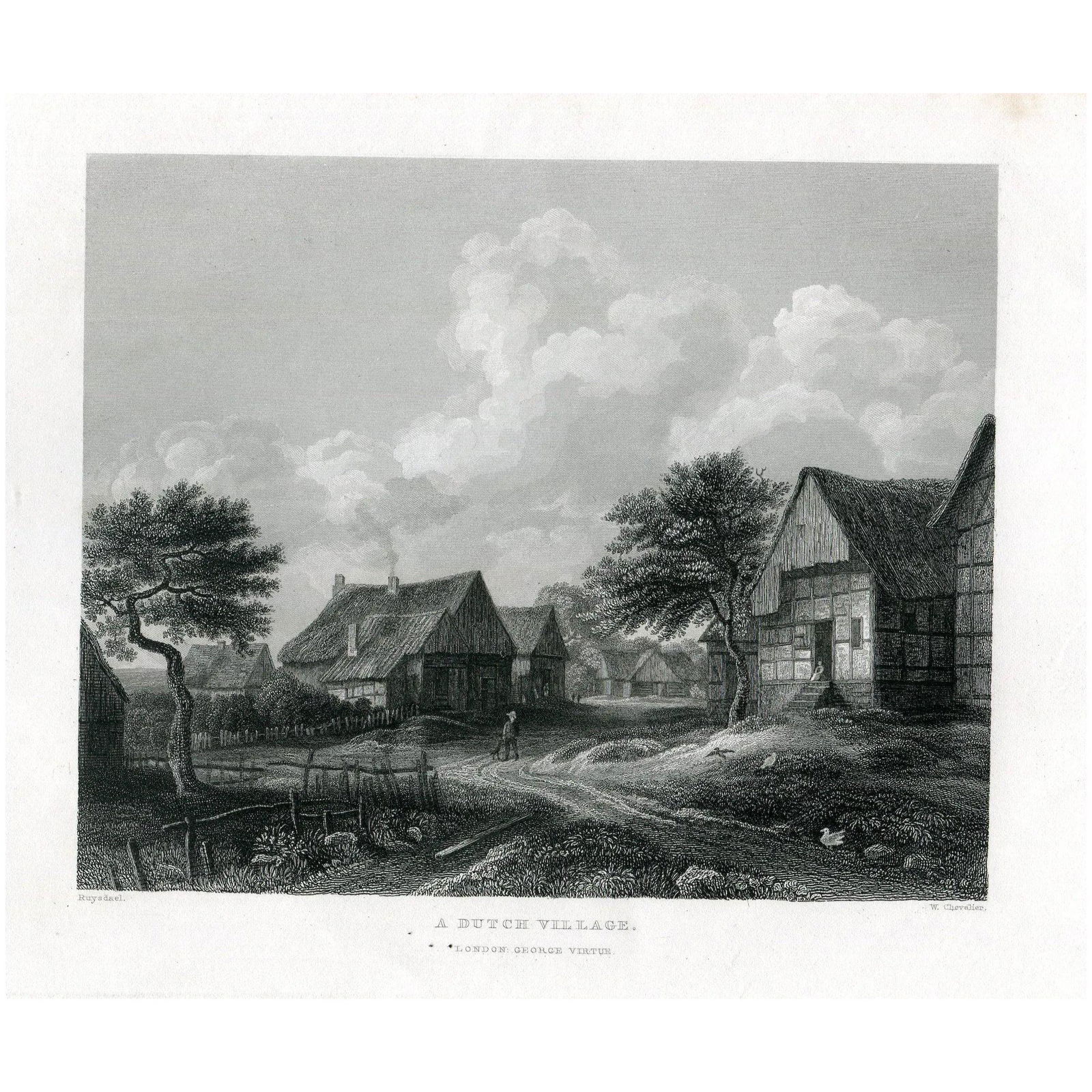 A dutch Village, after Ruysdael - 1800s engraving.: A dutch Village. Antique steel engraving on wove paper after the original by Master Engraver William Chevalier (French, 1804-1866). Artist: after Salomon van Ruysdael (c. 1602, Naarden – buried