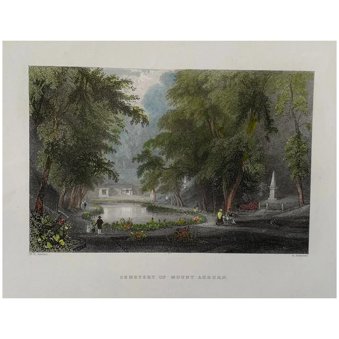 Mount Auburn Cemetery - Antique engraving (c. 1840): Mount Auburn Cemetery Title: Cementery of Mount Auburn. Artist: after William Henry Bartlett (1809 – 1854). Engraver: Robert Brandard (1805, in Birmingham – 1862, in London) Description: h