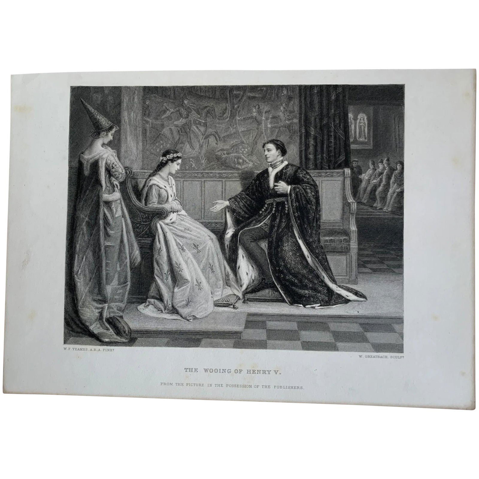 Shakespeare - Henry V of England wooing Catherine of Valois - Antique engraving: Henry V of England wooing Catherine of Valois. Title: The wooing of Henry V Engraver: William Greatbach. (1802-1885). Artist: after William Frederick Yeames (1835- 1918). Publisher: D. Appleton & Co.