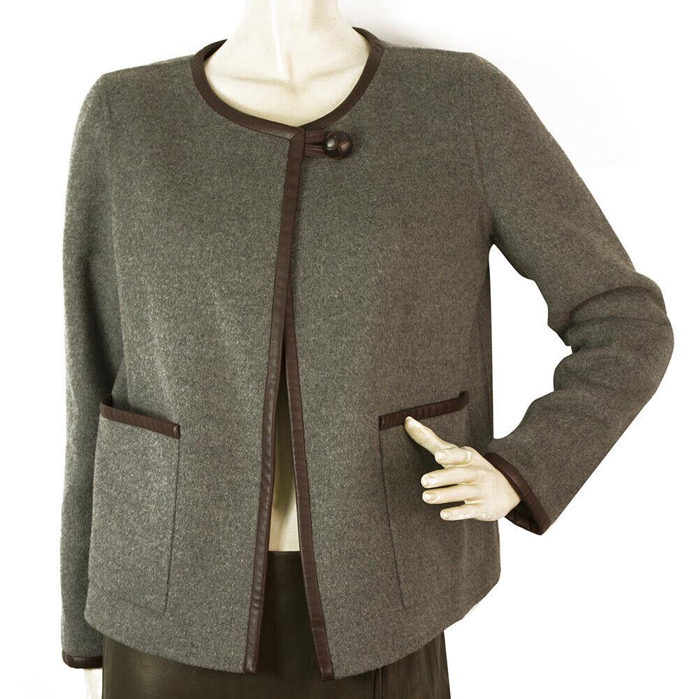 Donna Karan DKNY New York Gray Wool Brown Leather Trim One Button Jacket size S: Donna Karan DKNY New York Gray Wool Brown Leather Trim One Button Jacket size S Comfortable, lightweight and easy to wear this gray wool- cashmere jacket might just become your favorite piece this sea