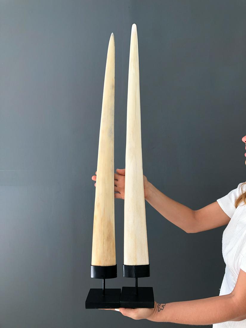 Pair of large swordfish tusks with custom stands: Title: Pair of large swordfish tusks with custom stands Maker: Unknown Origin: Indonesia Date/Period: 2021 Materials: Bone, Steel, Xiphius Gladius Dimensions:Height including stand: Tusk 1: 86 cm / 33
