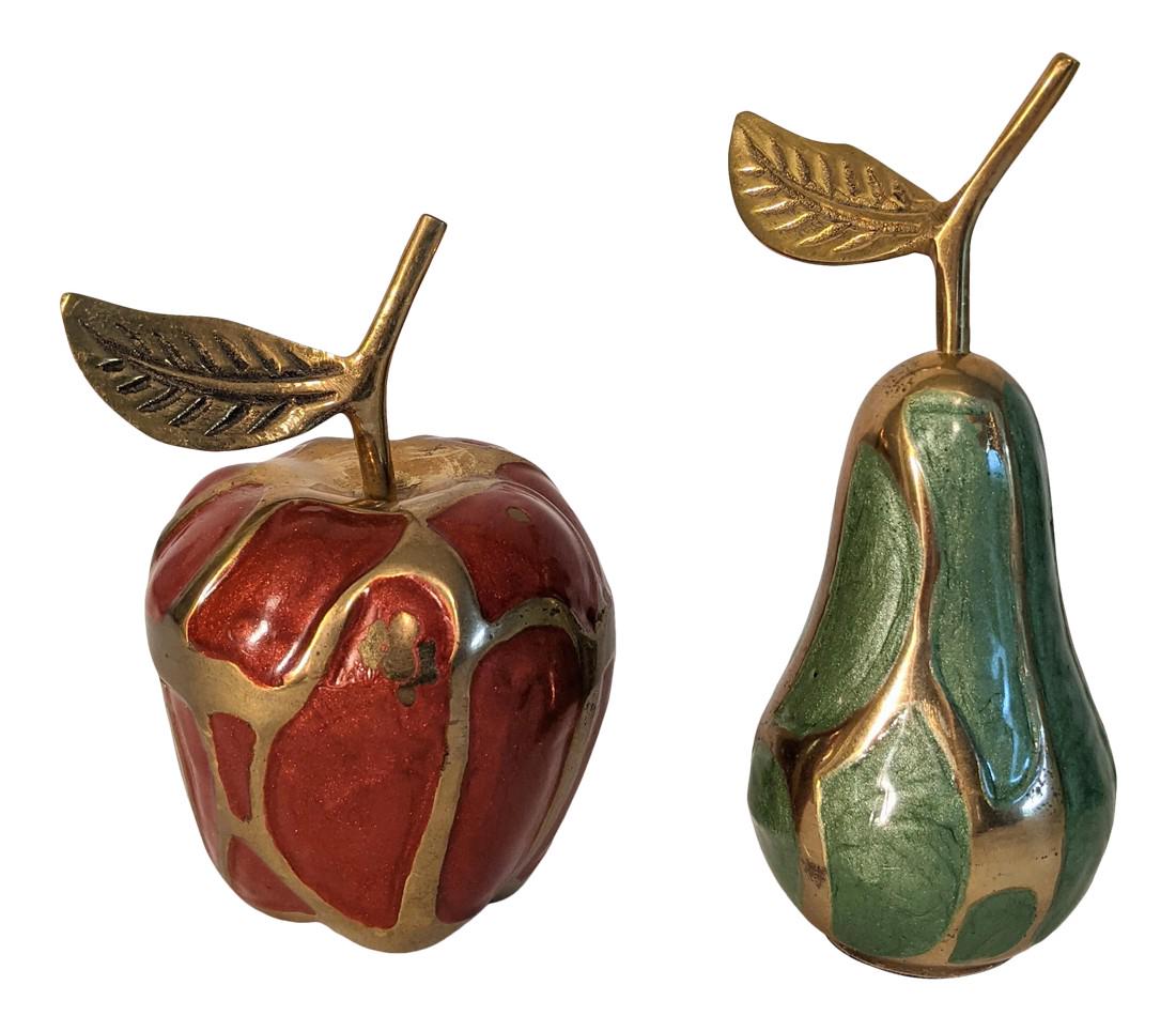 Vintage Late 20th Century Brass Enamel Cloisonne Apple and Pear Paper Weights - Set of 2 (1 of 13)