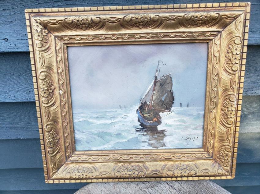Oil painting antique 19th century sailing ship sign floral carved frame nautical (1 of 2)