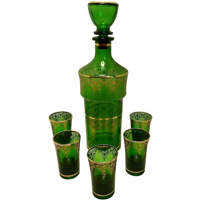 Vintage Mid-Century Green with 22kt Gold Accents Decanter and Liqueur Glasses (1 of 6)