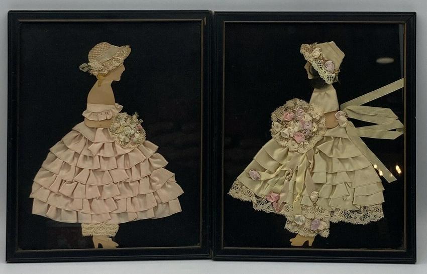 Pair of VICTORIAN Art Deco LACE PAPER DOLLS Framed (1 of 6)