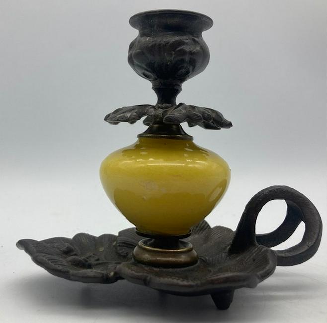 Antique CAST IRON VICTORIAN Amber GLASS FINGER LAMP Leaf Base (1 of 7)