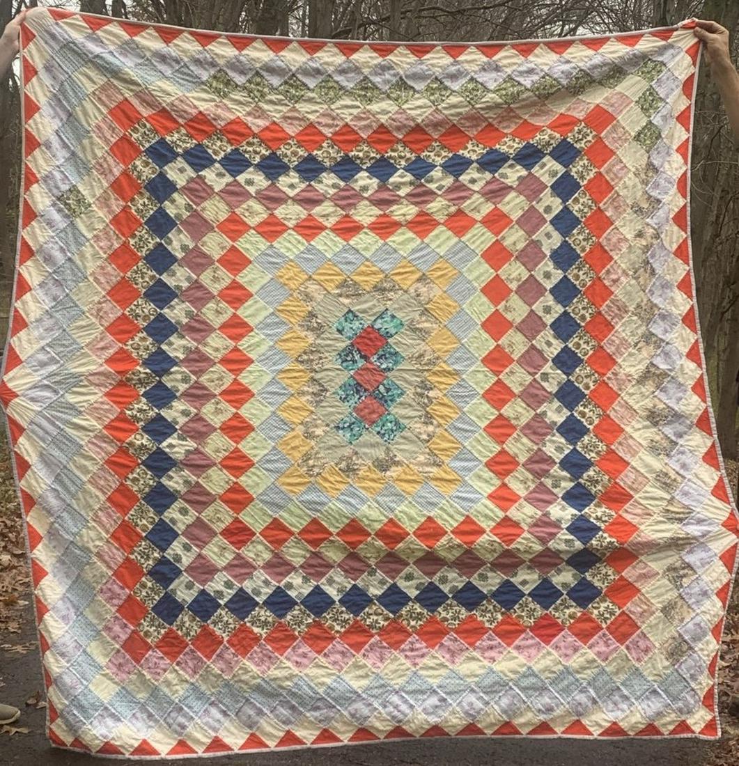 Hand stiched Feedsack Quilt Double Sided 87 x 89 (1 of 8)