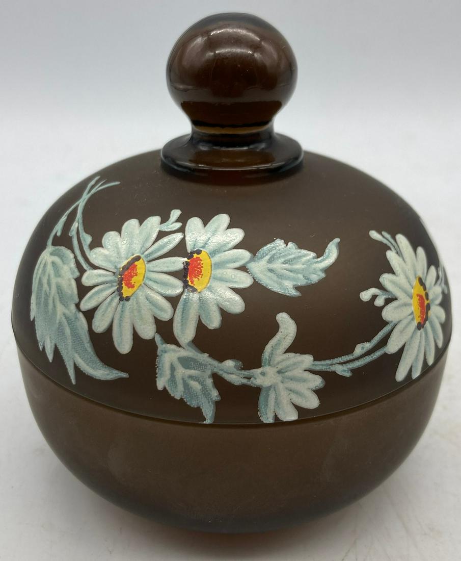 WESTMORELAND BROWN MIST GLASS BONBON CANDY DISH WITH WHITE DAISIES WITH LID (1 of 7)