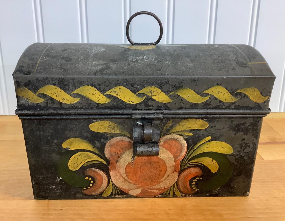 Tole Decorated Tin Valuables Box. (1 of 6)