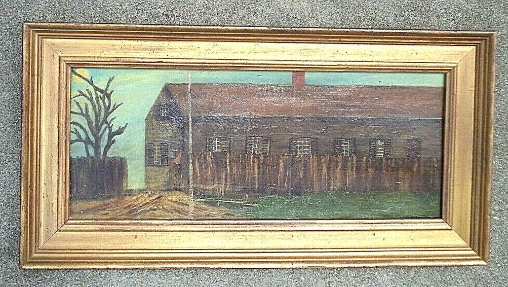 rare primitive O/C landscape painting full moon Shaker Village William Walker (1 of 7)