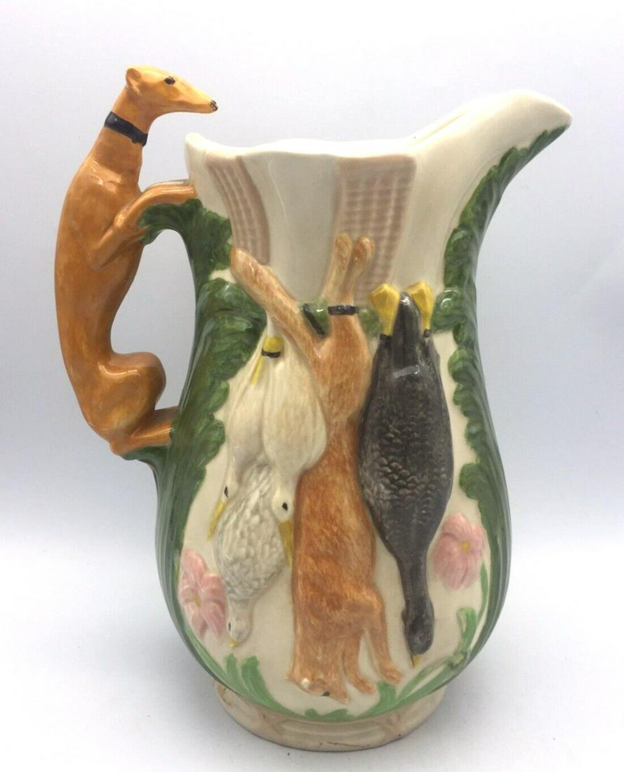 Majolica Pitcher Hunting Game with Greyhound Dog Handle (1 of 8)