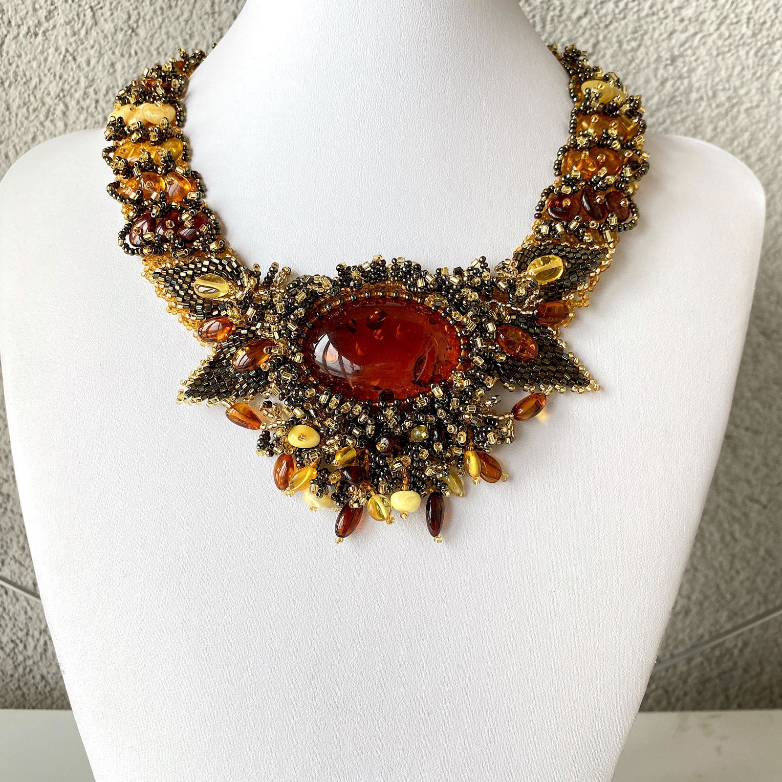 Unique and Marvellous Amber Floral Necklace made from leaf like bead ornaments (1 of 9)