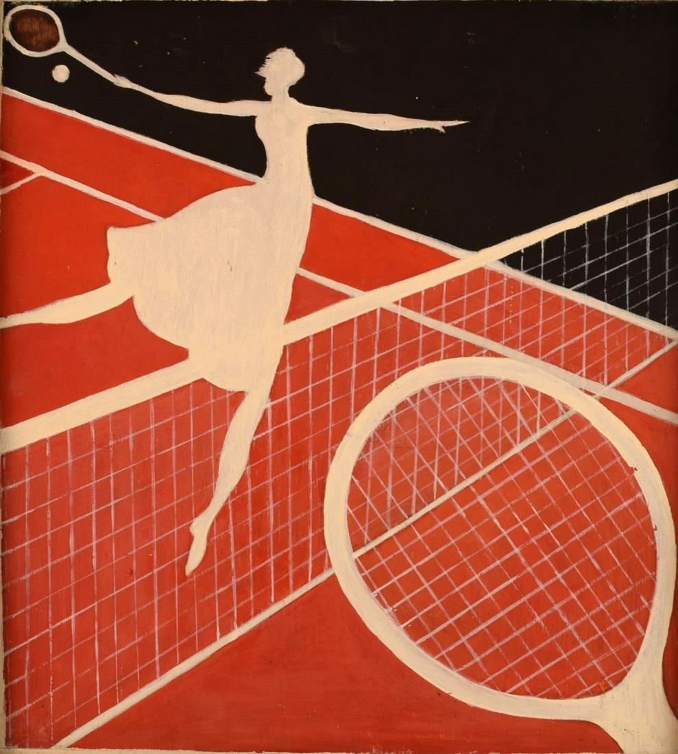 Unknown artist. Oil on board. Woman playing tennis. Art deco, mid 20th century. (1 of 6)