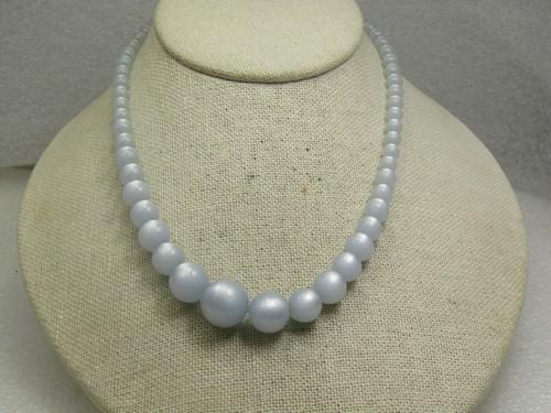 Vintage Baby Blue Moonglow Necklace, 16" Graduated Beads: Vintage Baby Blue Moonglow Necklace, 16" Graduated Beads from appx. 6mm to 14mm with a 9mm beded box clasp. 1950's-1960's era. Not signed or marked and in good to very good condition. (W18?.11 SS8792 