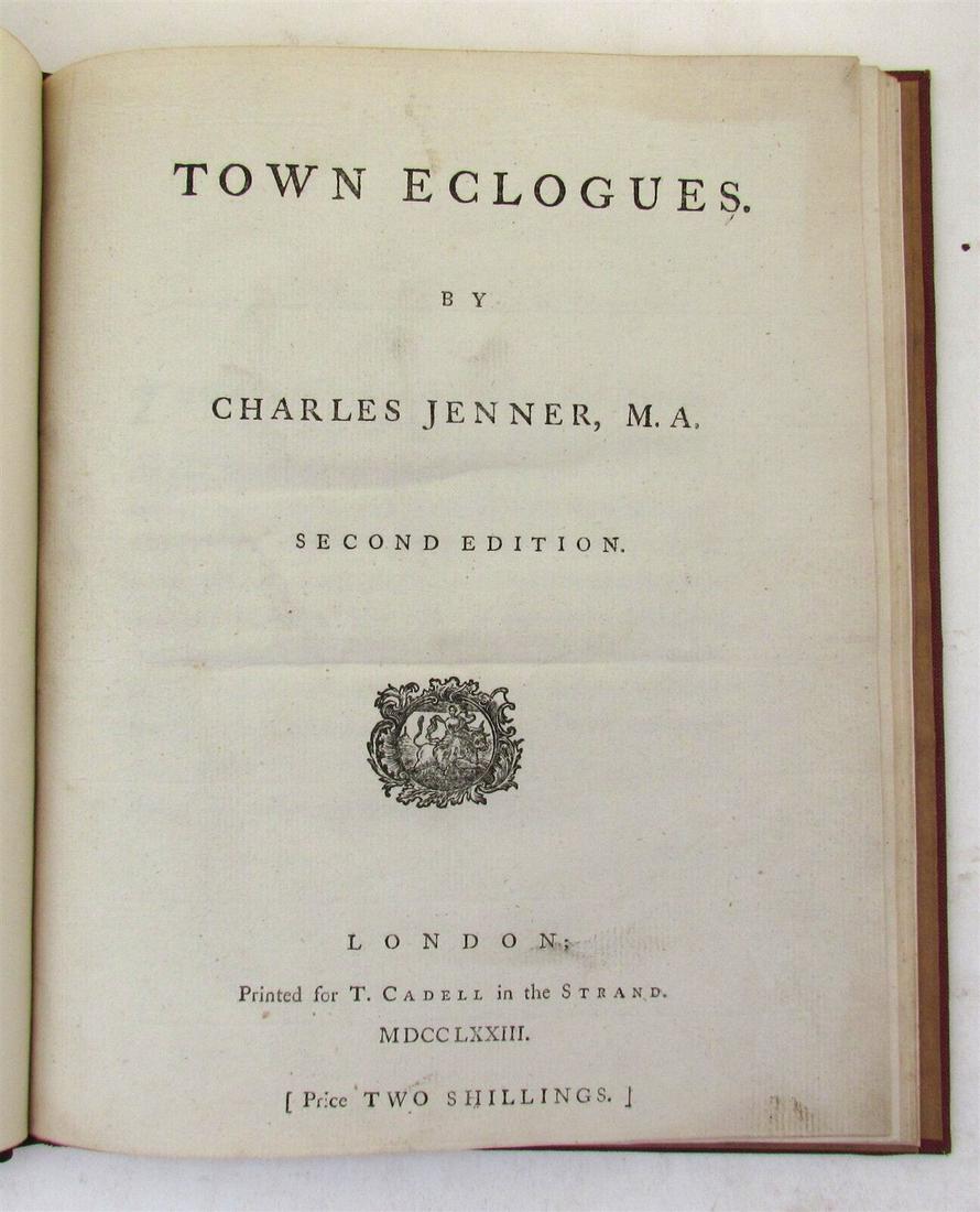 1773 BRITISH POETRY TOWN ECLOGUES by CHARLES JENNER antique in English: TOWN ECLOGUES by CHARLES JENNER London; 1773 Size 8 by 9.5" Half leather cloth 19th century binding Very good condition 40 pages Text in English Reserve: $49.00 Shipping: Domestic: Flat-rate