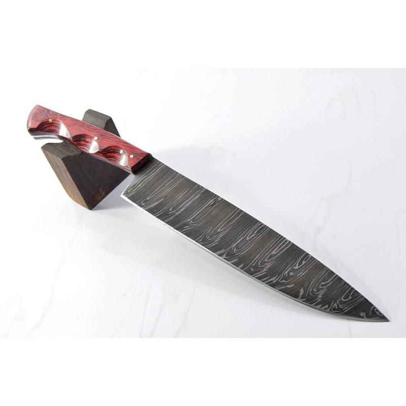 Exclusive pattern hunting damascus steel knive wood: Blade - damask steel Handle – exotic wood. Without stand Leather sheath – included Blade hardness – 58-60 HRC Total length – 13 (inch) Blade length - 8,6 (inch) Blade Thickness