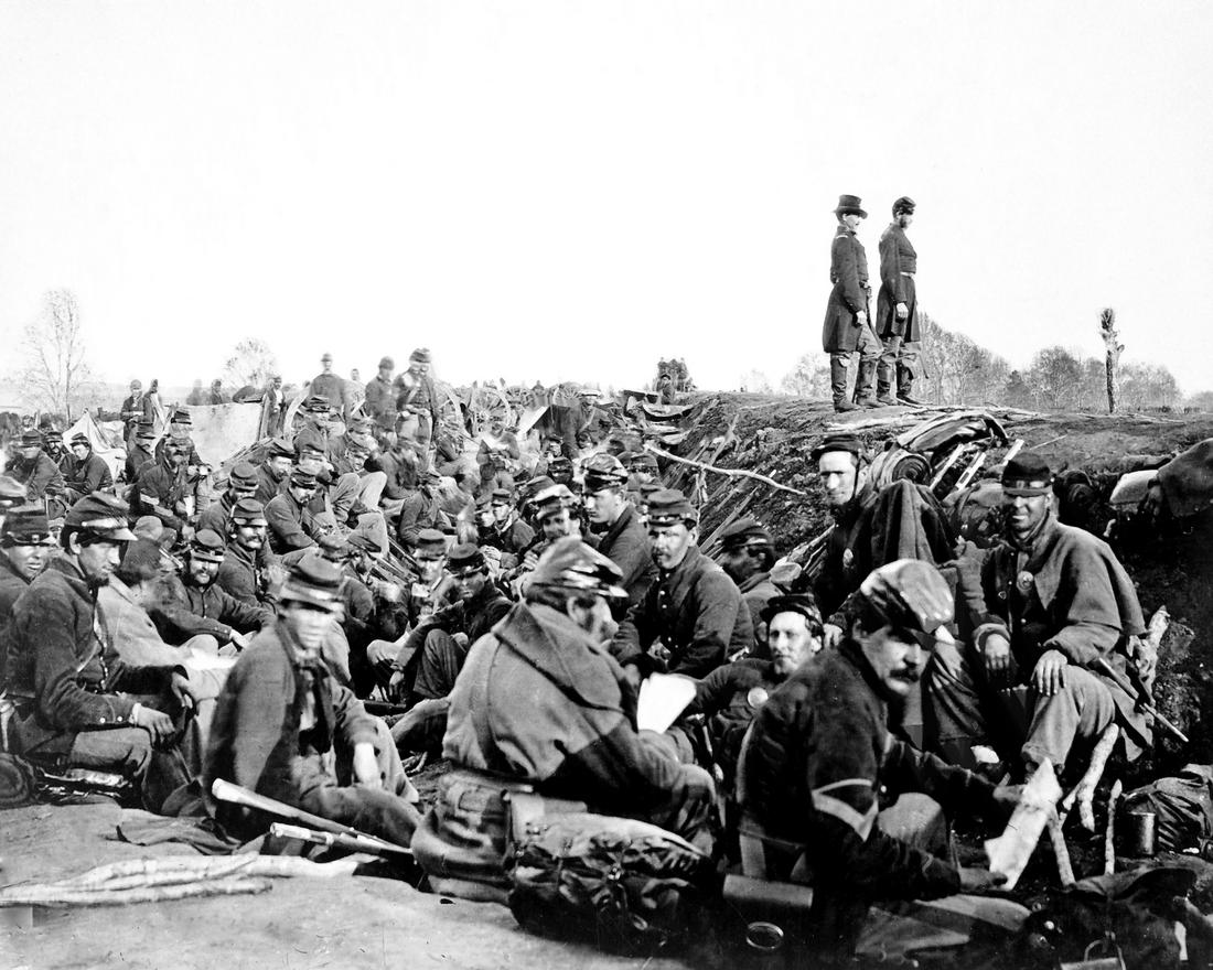 1865, UNION SOLDIERS IN THE TRENCHES BEFORE PETERSBURG, VA; BY MATTHEW BRADY: Title: 1865, UNION SOLDIERS IN THE TRENCHES BEFORE PETERSBURG, VA; BY MATTHEW BRADY Artist/Source: MATTHEW B. BRADY Medium: CONTEMPORARY PHOTOLITHOGRAPH Date/Period: 1865 Dimension [INCHES]: 8 x 10 Or