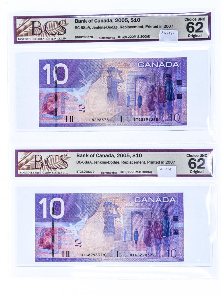 Bank of Canada, 2005, $10 Replacement Printed in 2007, Set 2 - Choice UNC 62- BCS (1 of 2)