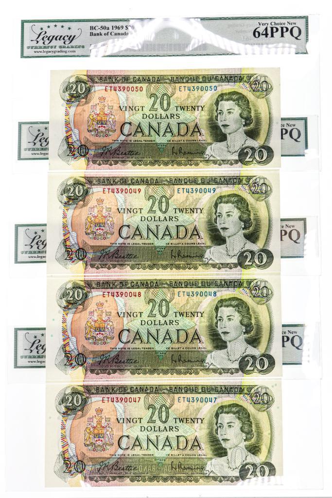 Canada, 1969 $20 Lot 4 Notes in Sequence - Legacy Very Choice 64 (1 of 5)