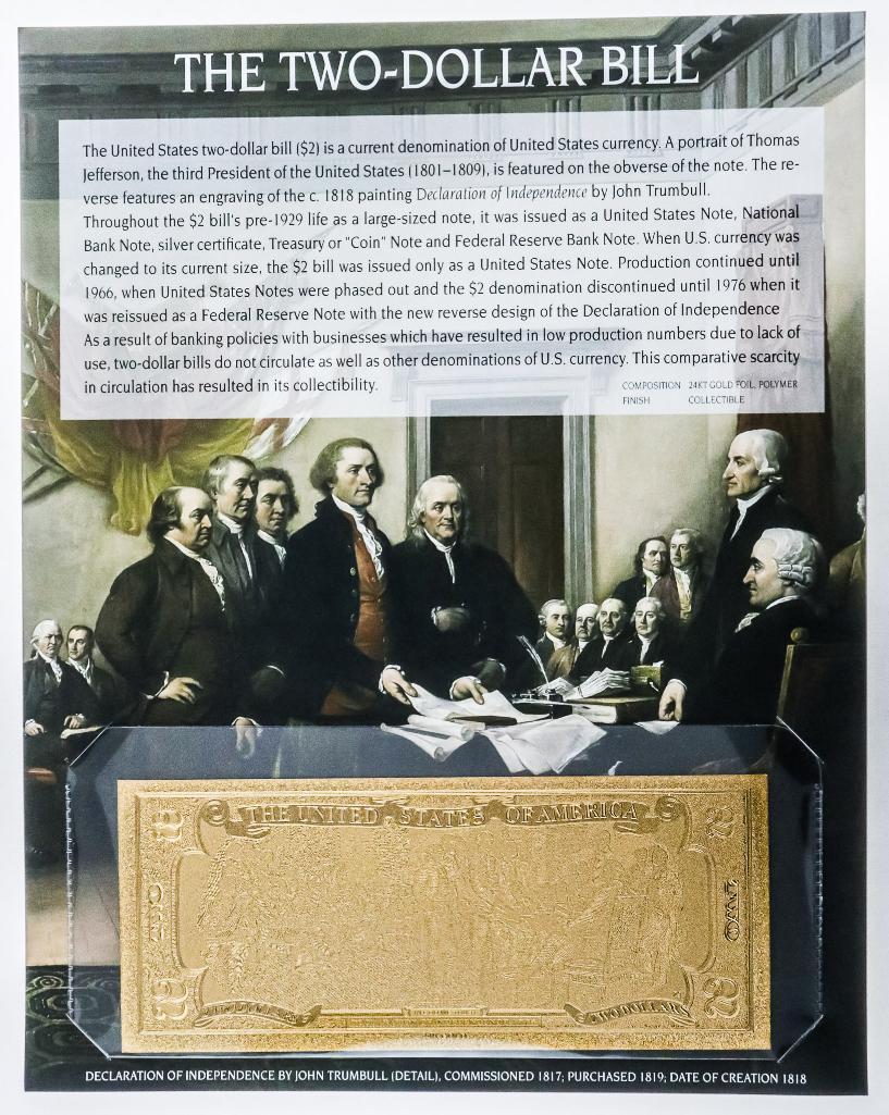 The Two - Dollar Bill USA 24kt Gold Foil w/ Giclee Art Card Display: No Reserve! Title: The Two - Dollar Bill USA 24kt Gold Foil w/ Giclee Art Card Display Materials: Banknote Description: The Two - Dollar Bill USA 24kt Gold Foil w/ Giclee Art Card Display Shipping: Do