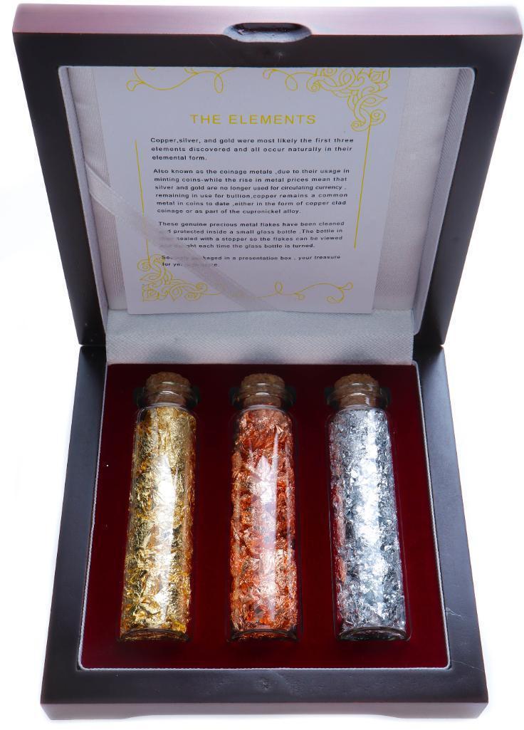 The Elements Collection- 3 x Assayers Glass Jars - .9999 24KT Gold Flakes, .9999 Fine Silver Flakes, (1 of 3)