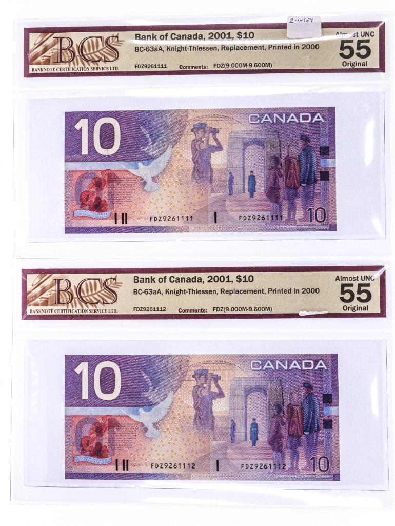 Lot 2 Bank of Canada ,2001, $10 Replacements AU 55 BCS (1 of 2)