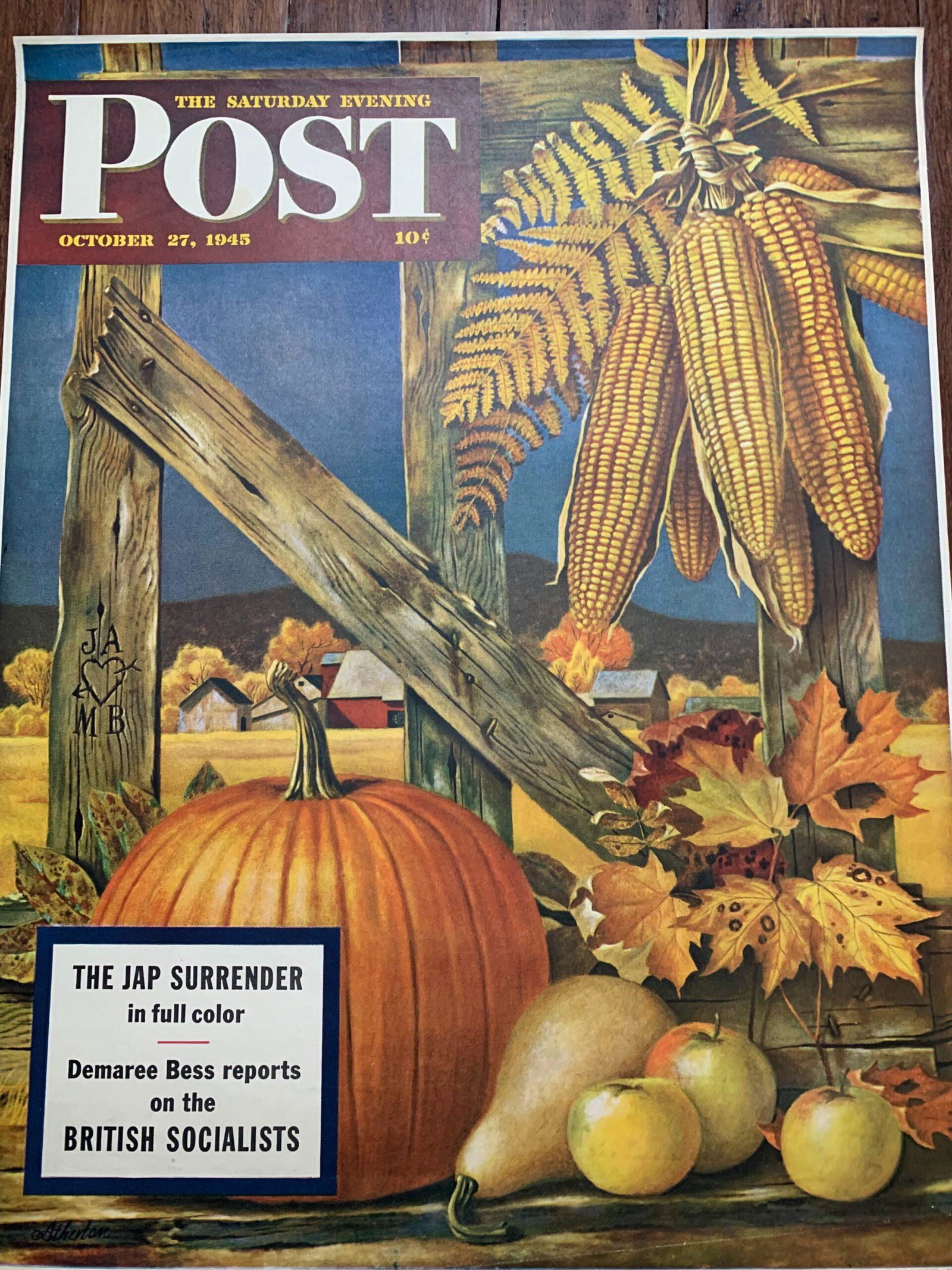 22" x 28" 1945 Newstand Poster Saturday Evening Post - Art by John Atherton "Fall Harvest": Original Saturday Evening Post (Fall Harvest) Art by John Atherton (October 27, 1945) 22" x 28" US Poster This is an Original Poster as dated to advertise 'The Saturday Evening Post'. Condition: VG/EX
