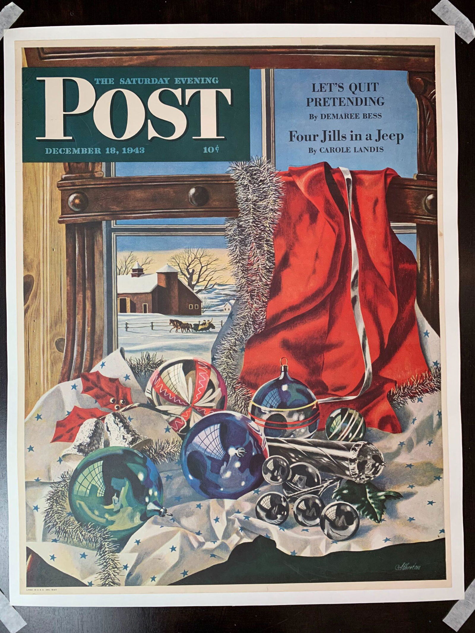 21.75" x 28" 1943 Newstand Poster Saturday Evening Post - Art by John Atherton "Christmas Ornaments": 21.75" x 28" 1943 Newstand Poster Saturday Evening Post - Art by John Atherton "Christmas Ornaments" - LB This is an Original Poster as dated to advertise 'The Saturday Evening Post'. Condition: VG/EX