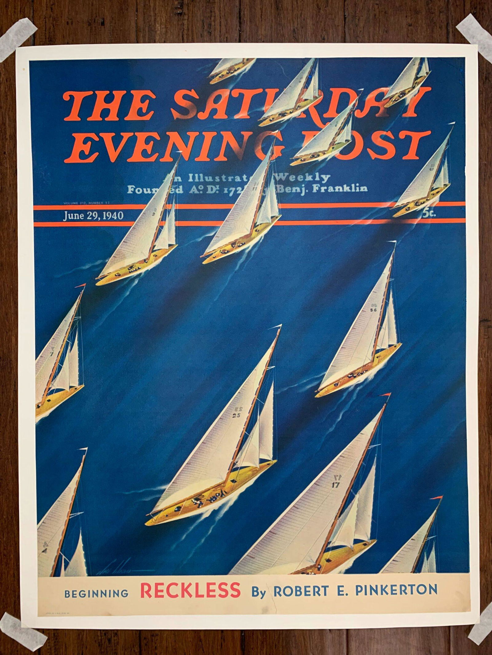 21.25" x 27.5" 1940 Newstand Poster Saturday Evening Post - Art by Ski Weld "Sailboat Regatta" - LB (1 of 6)