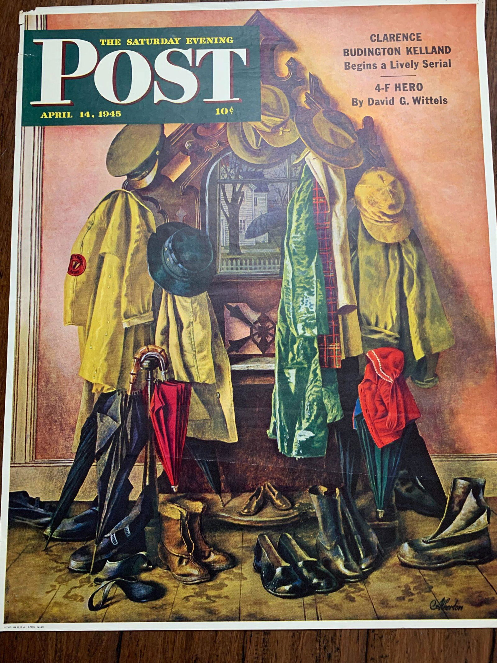 22" x 28" 1945 Newstand Poster Saturday Evening Post - Art by John Atherton "Loaded Coat Rack": Original Saturday Evening Post (Loaded Coat Rack) Art by John Atherton (April 14, 1945) 22" x 28" US Poster This is an Original Poster as dated to advertise 'The Saturday Evening Post'. Condition: VG/