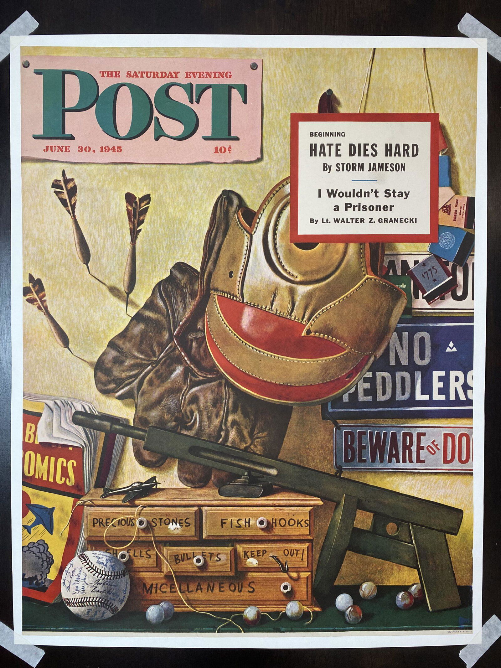 21.5" x 28" 1945 Newstand Poster Saturday Evening Post - Art by John Atherton "Still Life of Boys: 21.5" x 28" 1945 Newstand Poster Saturday Evening Post - Art by John Atherton "Still Life of Boys Toys" - LB This is an Original Poster as dated to advertise 'The Saturday Evening Post'. Condition: VG
