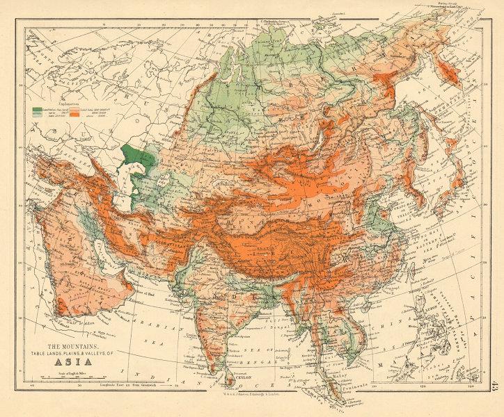 ASIA PHYSICAL Relief Mountain heights Ocean depths Rivers JOHNSTON 1892 map (1 of 2)