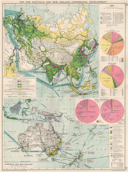Asia, Australia & New Zealand. Commercial. Import & export routes 1925 old map (1 of 2)