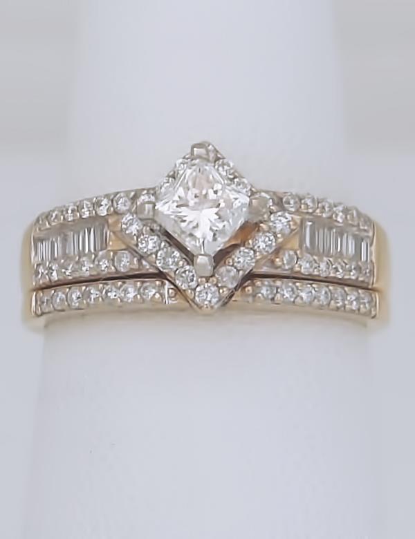14k YELLOW GOLD PRINCESS 1.00ct DIAMOND HALO WEDDING ENGAGEMENT RING SET (1 of 8)