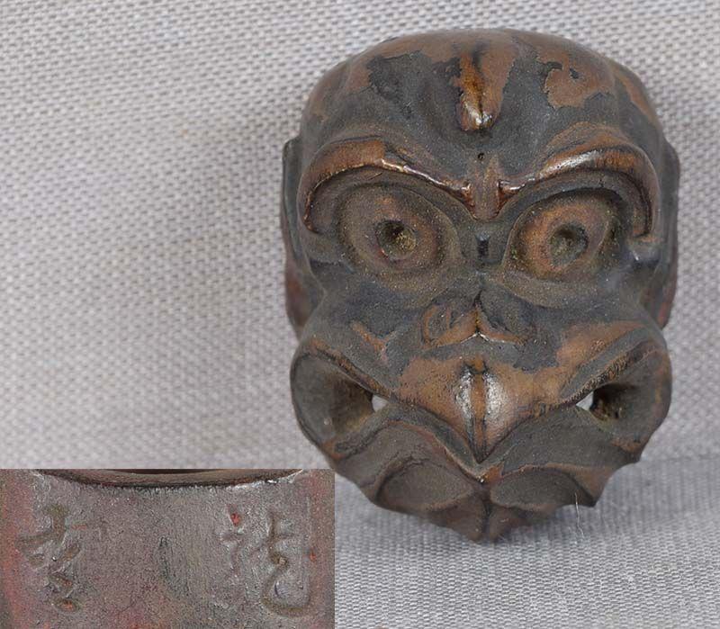 19c netsuke MASK TENGU by RYUUN: 19th century Japanese small lacquered wood netsuke representing a theater mask of a tengu. Tengu are mythological creatures - half men, half birds, usually depicted as goblins, and are first-class fig