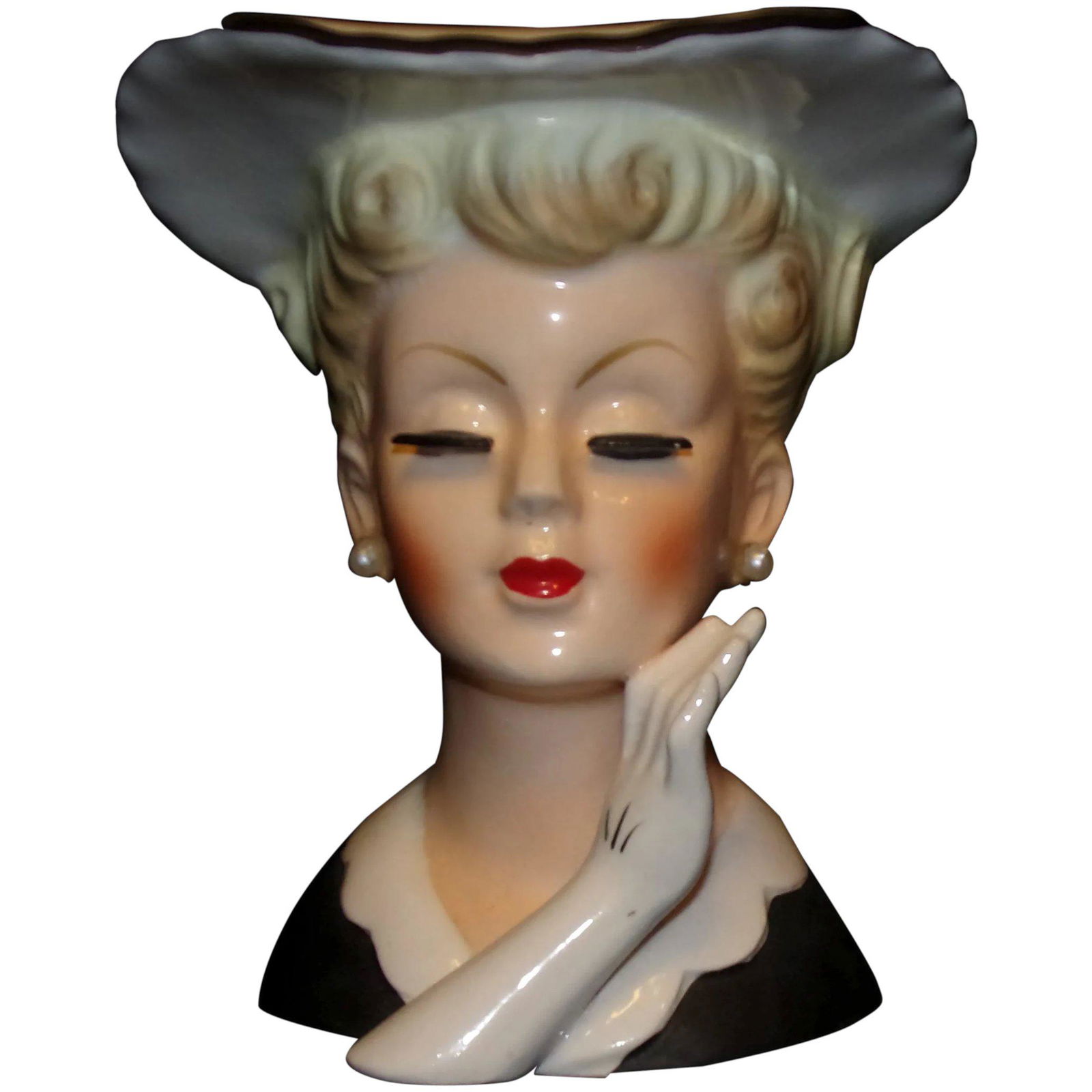 Vintage Napco Japan Lady Head Vase Pearl Earrings Gloved Hand A5046 (1 of 6)