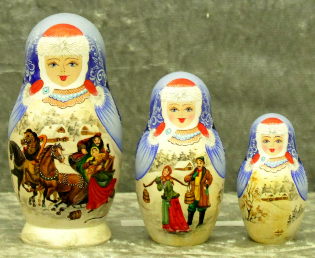 Matreshka â€œRussian winterâ€: Matreshka, Russian hand-made and hand-painted nesting doll, Stecking doll “Russian winter” 3 pieces "Dimensions: 0.0 × 5.0 × 10.0 cm" Reserve: $100.00 Shipping: Domestic: Flat-ra